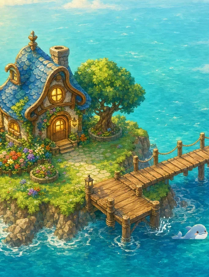 A painted island with a cozy cottage and garden. A wooden bridge reaches halfway toward a second island in the mist, and Talu the dolphin swims by the dock.